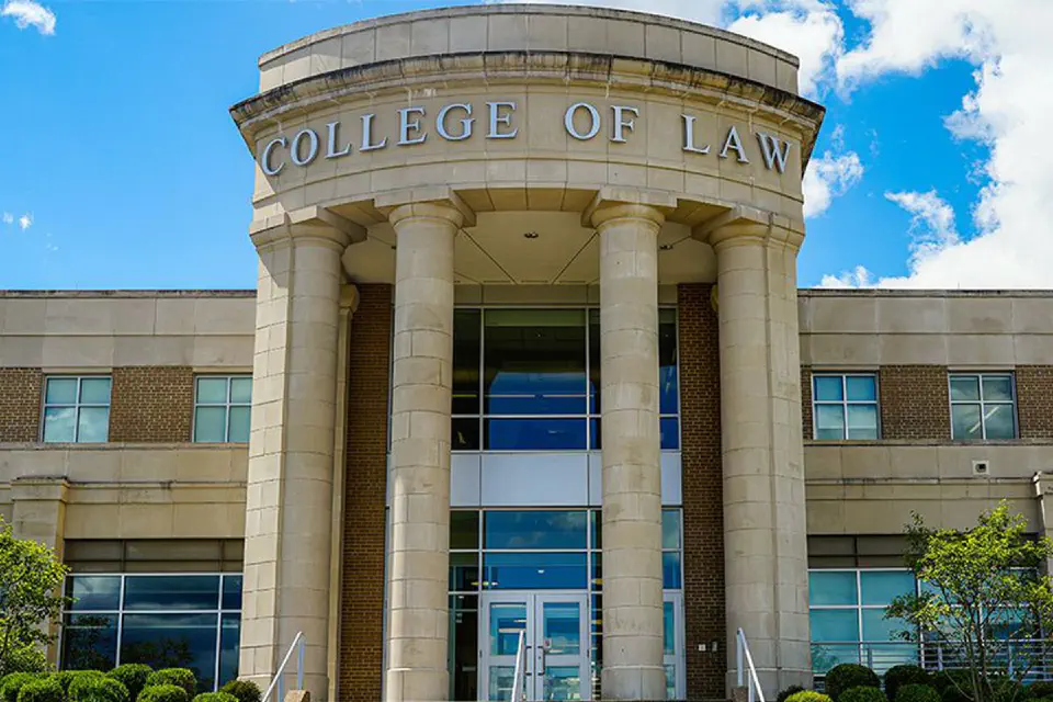 Front entrance of the exterior College of Law building.