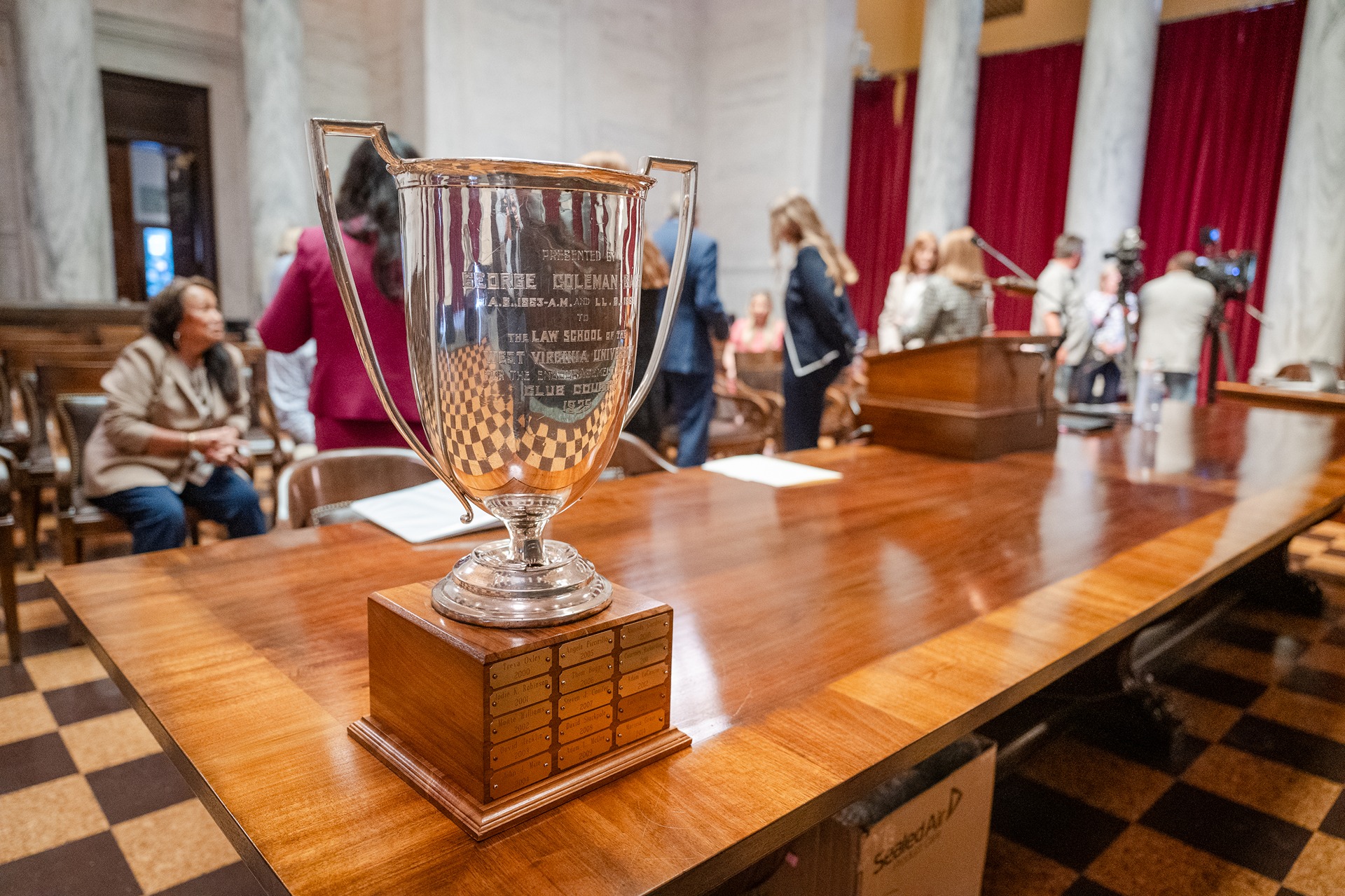 Photo of the Baker Cup sitting on a table at the WV Supreme Court.