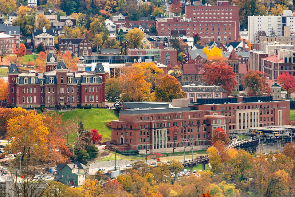 An aerial view of the Downtown Morgantown campus.
