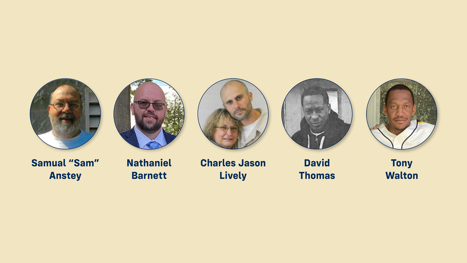 WV Innocence Project Clients: Sam Anstey, Nathaniel Barnett, Charles Jason Lively, David Thomas, and Tony Walton.
