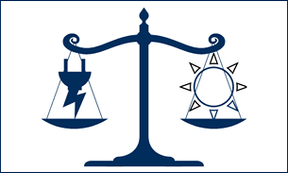 WVU Law icon scales of justice with sun and electric plug in balance