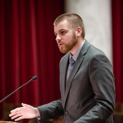 WVU Law 2022 Baker Cup finalist Cameron LeFevre arguing at the West Virginia Supreme Court